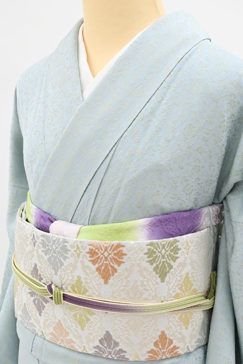 銀座【C-3346】染一ッ紋 色無地 白藍色 牡丹花唐草の地紋:身丈161/裄67