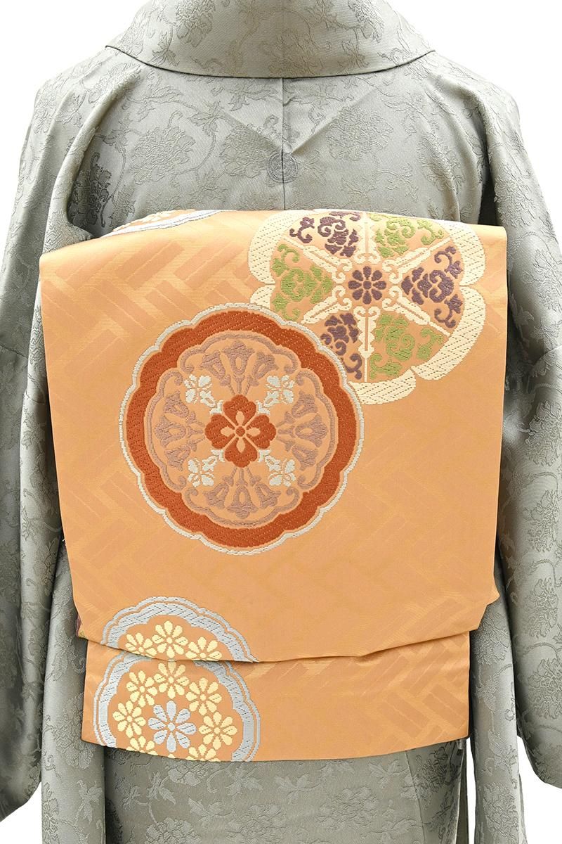 銀座【H-0864】西陣 川島織物製 開き織名古屋帯 杏色 六つ瓜文（落款入