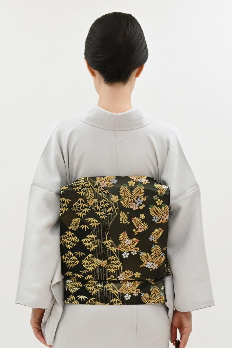 銀座【L-8561】西陣 白寿苑製 袋帯 黒色 松竹梅文（証紙付） - 銀座