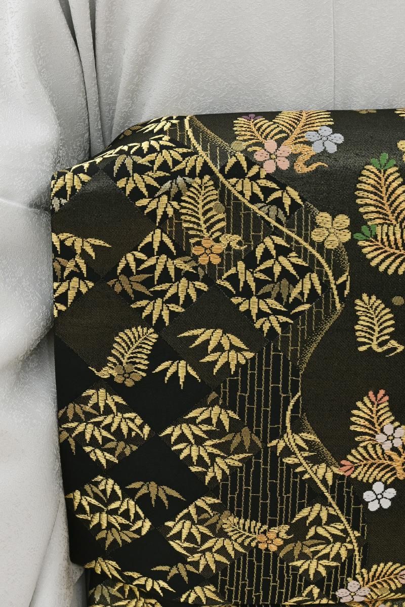 銀座【L-8561】西陣 白寿苑製 袋帯 黒色 松竹梅文（証紙付） - 銀座