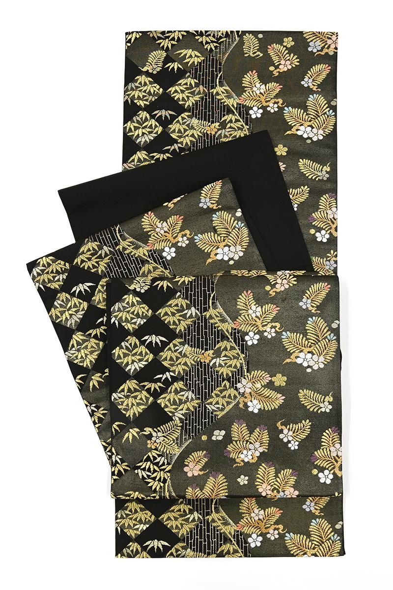 銀座【L-8561】西陣 白寿苑製 袋帯 黒色 松竹梅文（証紙付） - 銀座