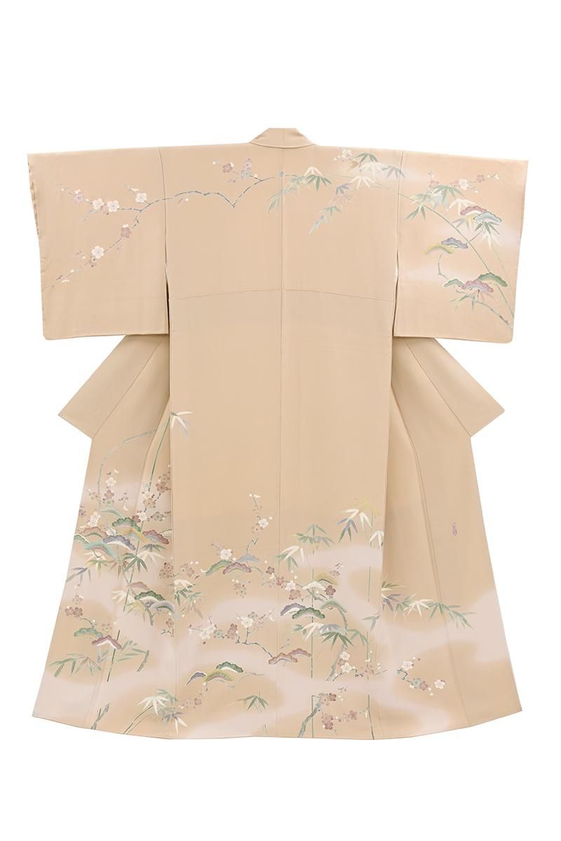 銀座【B-4344】清染居製 染一ッ紋 訪問着 赤白橡色 松竹梅の図（落款入