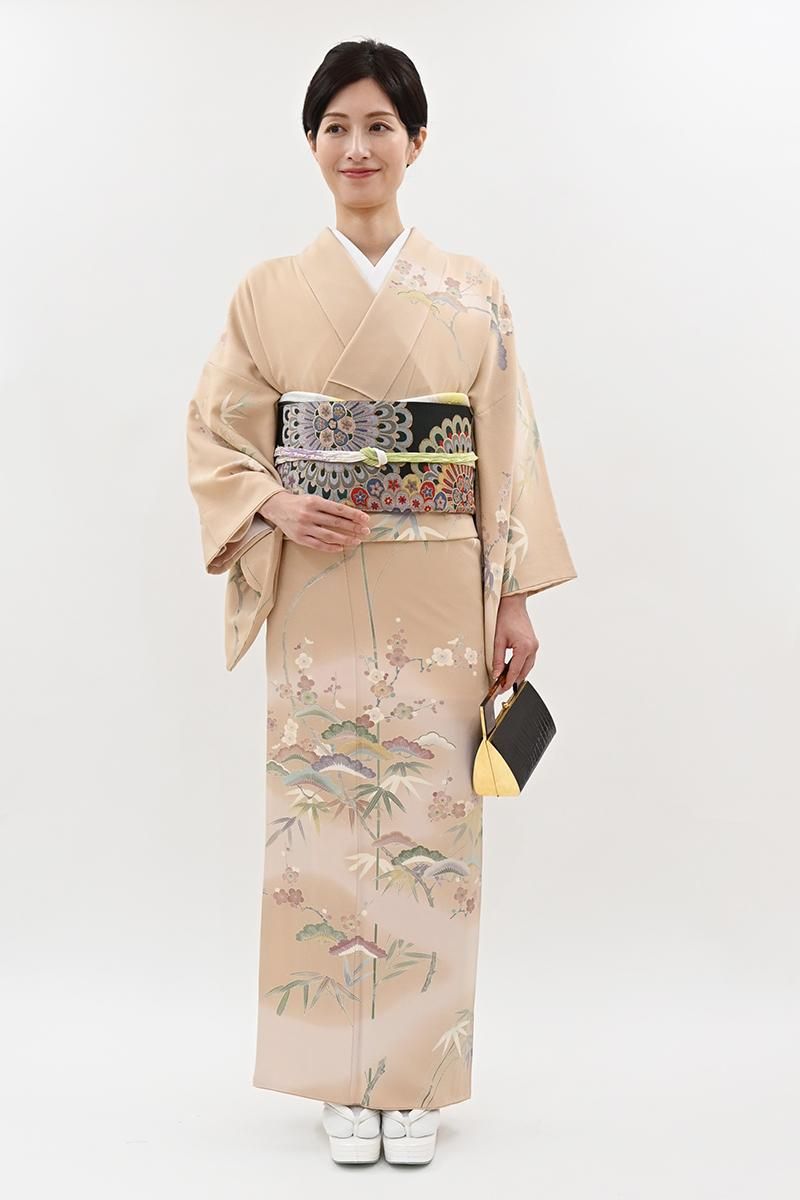 銀座【B-4344】清染居製 染一ッ紋 訪問着 赤白橡色 松竹梅の図（落款入