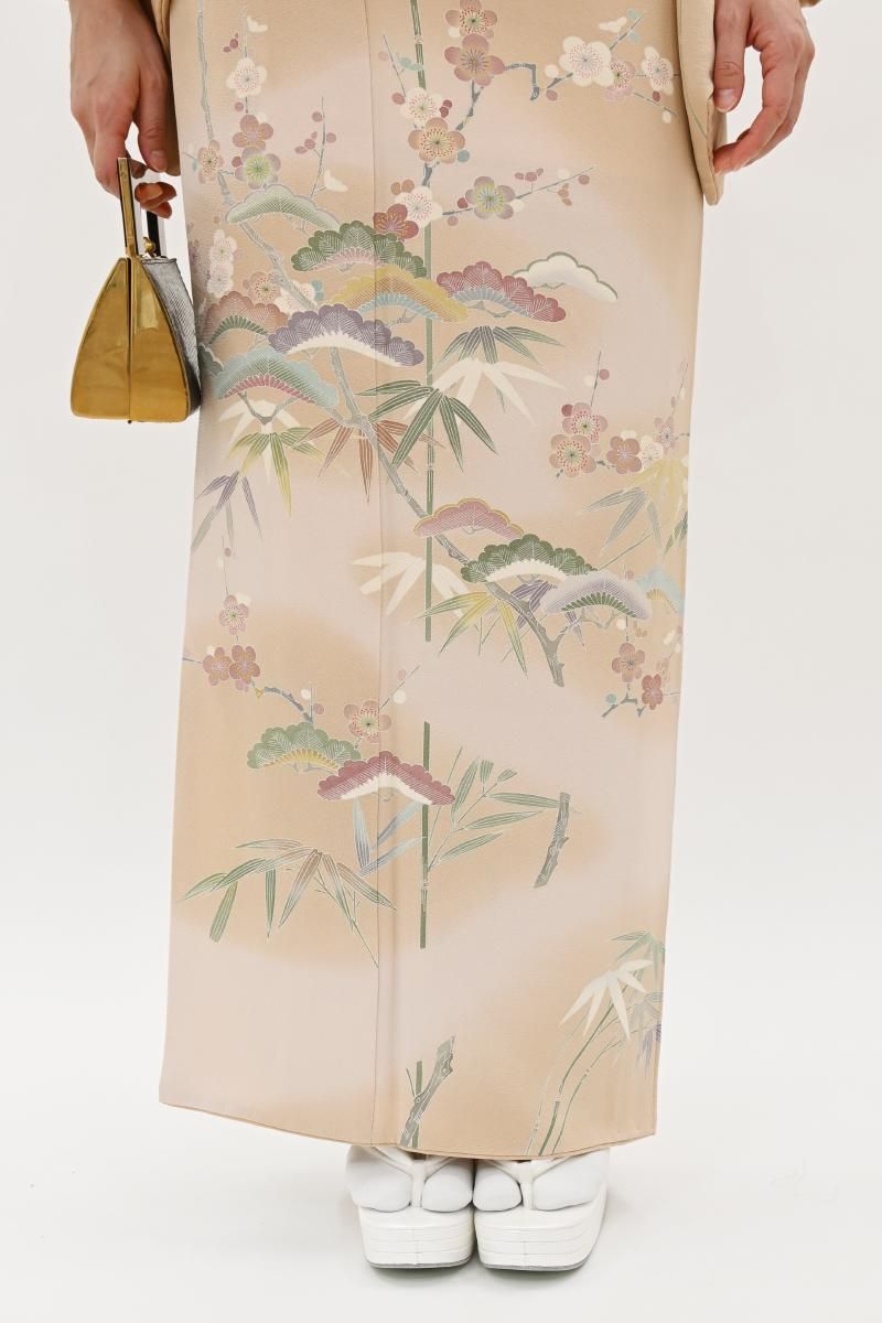 銀座【B-4344】清染居製 染一ッ紋 訪問着 赤白橡色 松竹梅の図（落款入