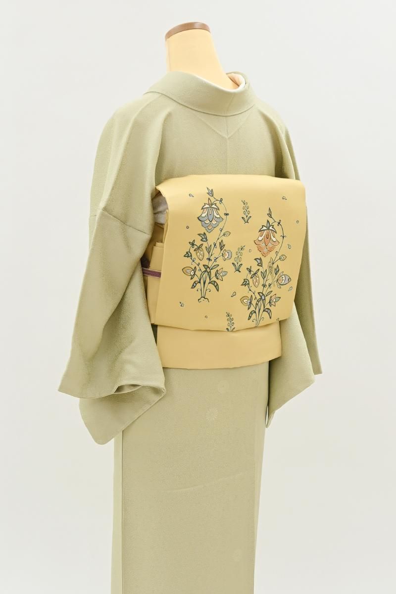 銀座【H-0866】塩瀬地 開き染名古屋帯 玉蜀黍色 唐花文（三越扱い