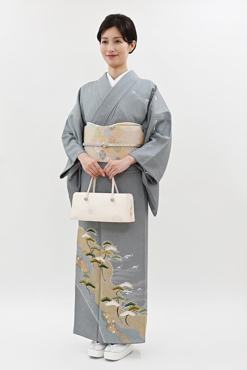 銀座【B-4346】松井青々作 訪問着 沈香茶色 波に松の図（落款入）:身丈