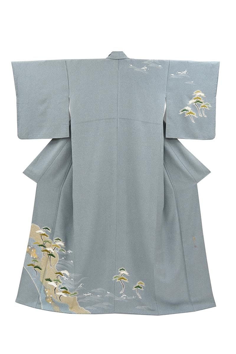 銀座【B-4346】松井青々作 訪問着 沈香茶色 波に松の図（落款入）:身丈
