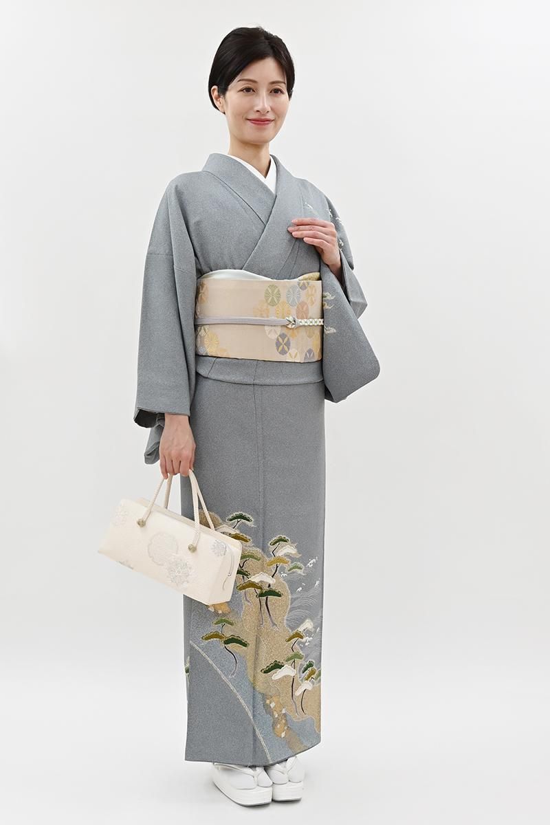 銀座【B-4346】松井青々作 訪問着 沈香茶色 波に松の図（落款入）:身丈