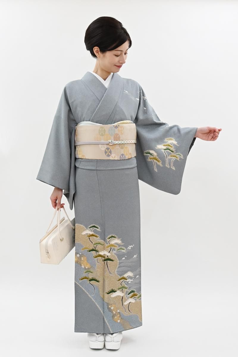 銀座【B-4346】松井青々作 訪問着 沈香茶色 波に松の図（落款入）:身丈
