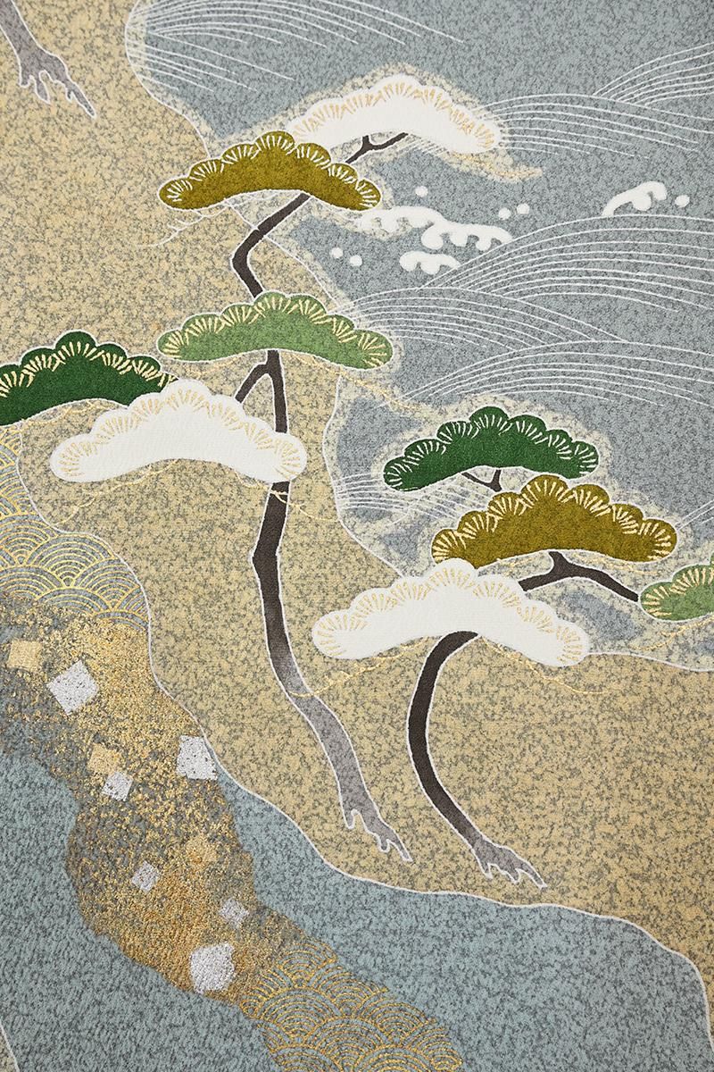 銀座【B-4346】松井青々作 訪問着 沈香茶色 波に松の図（落款入）:身丈