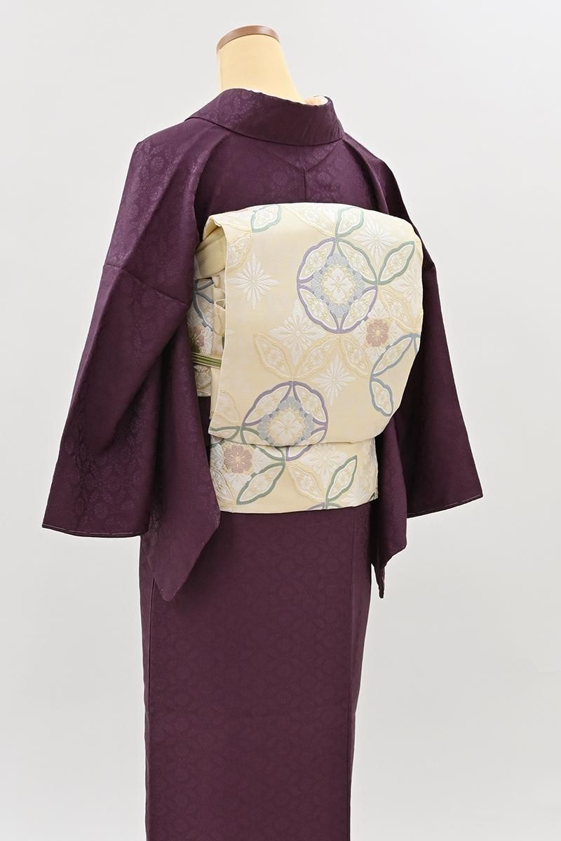 銀座【H-0868】西陣製 織名古屋帯 鳥の子色 七宝華文（証紙付）（N