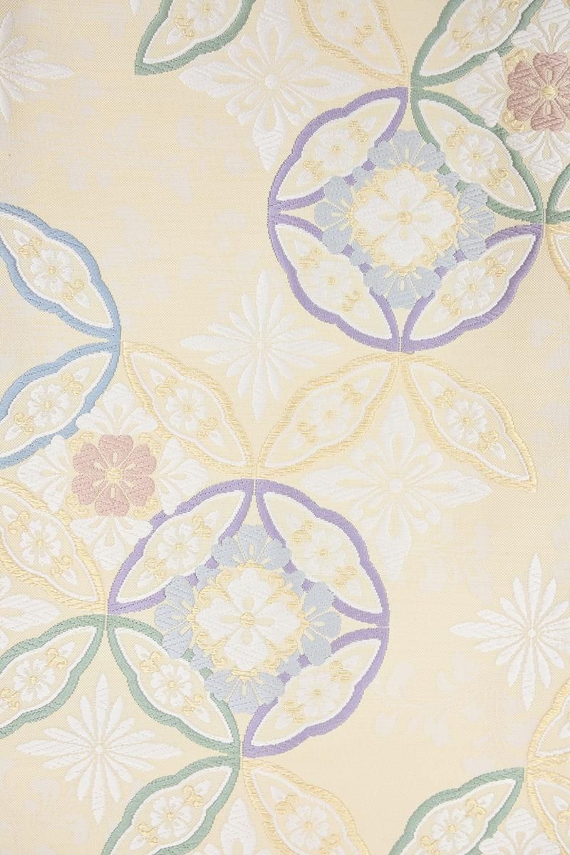 銀座【H-0868】西陣製 織名古屋帯 鳥の子色 七宝華文（証紙付）（N