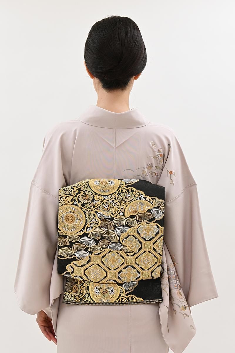 銀座【L-8557】西陣 服部織物製 袋帯 墨色 吉祥文（落款入） - 銀座