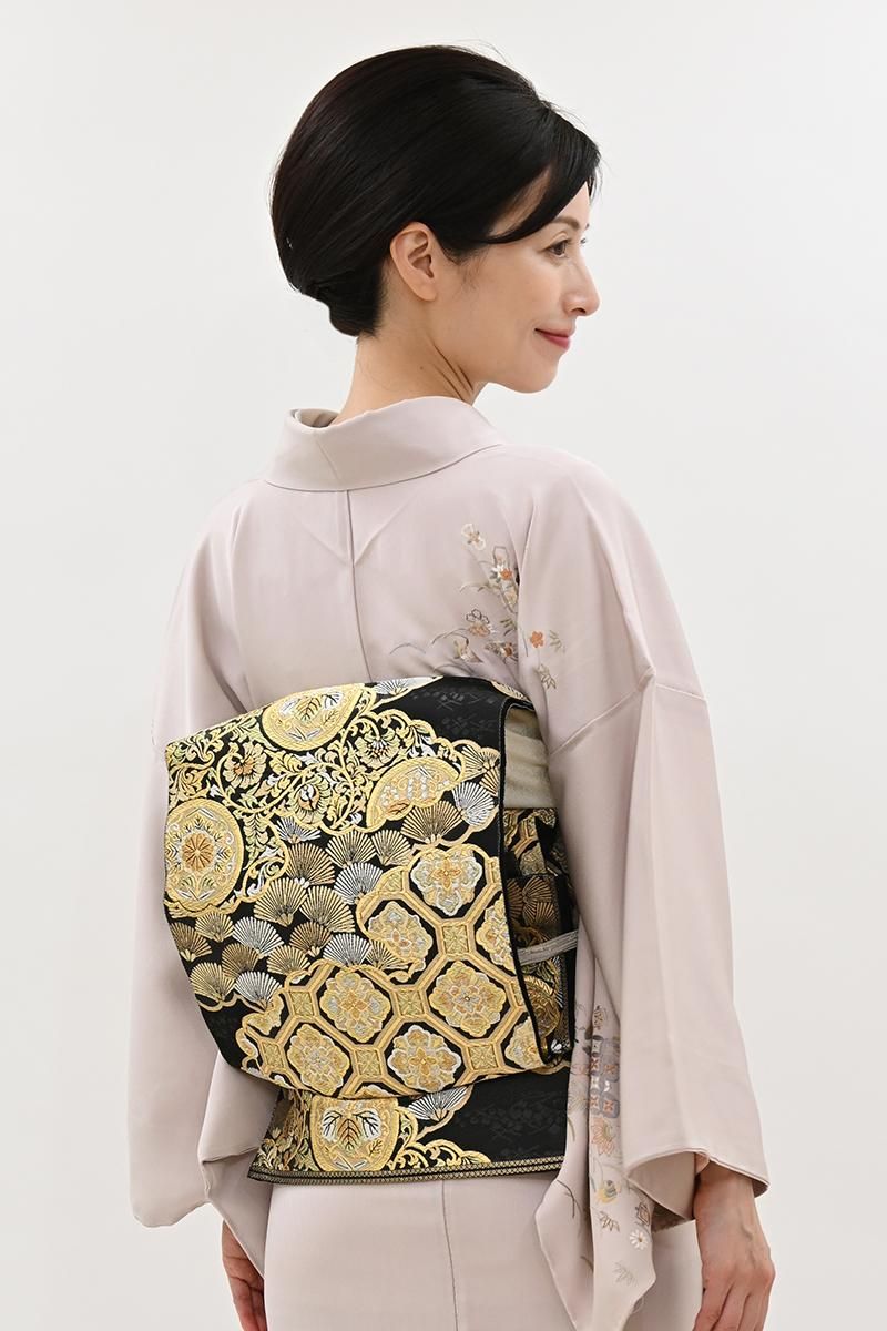 銀座【L-8557】西陣 服部織物製 袋帯 墨色 吉祥文（落款入） - 銀座