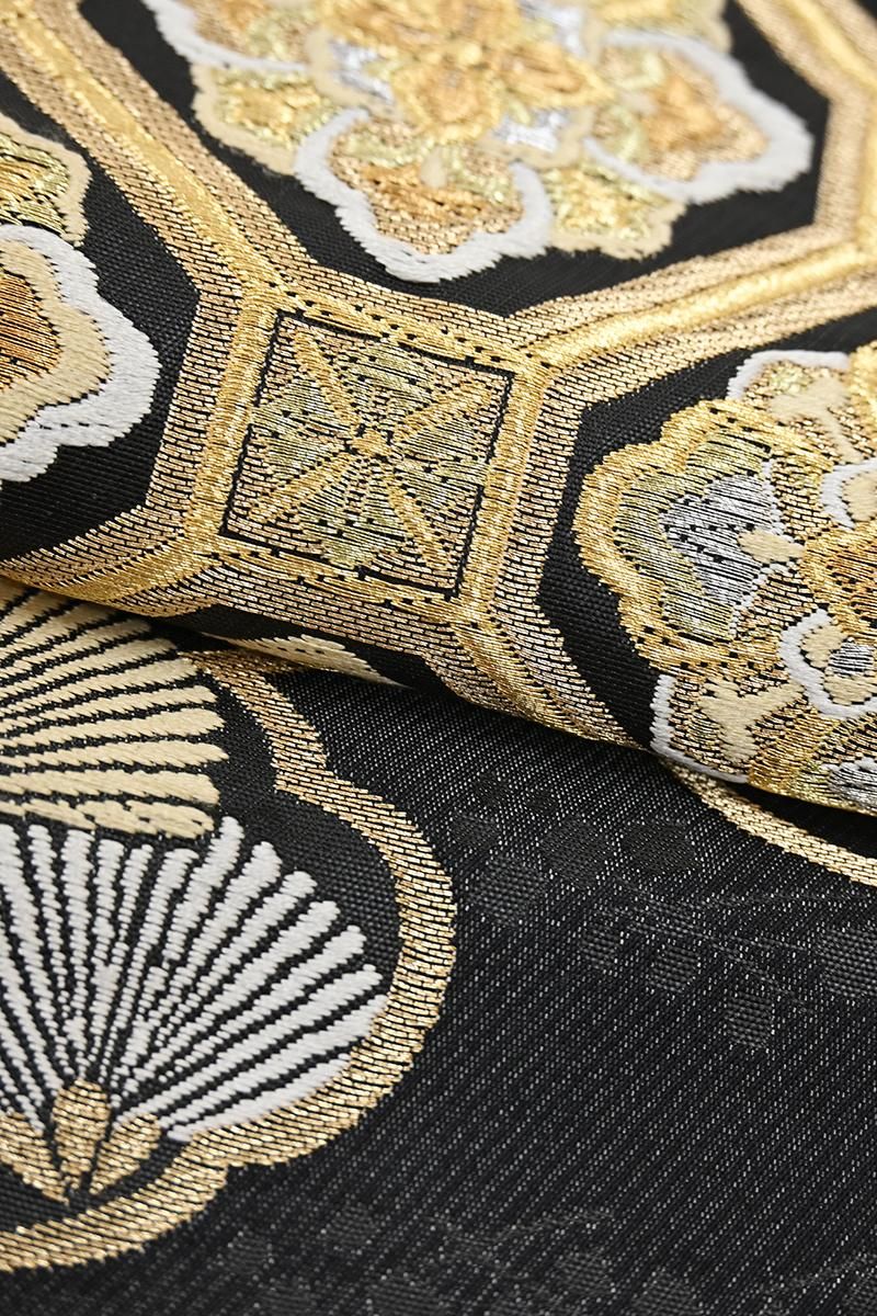 銀座【L-8557】西陣 服部織物製 袋帯 墨色 吉祥文（落款入） - 銀座