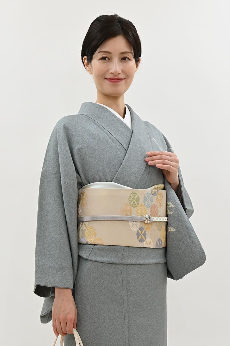 銀座【L-8558】袋帯 白茶色 雪輪七宝文 - 銀座きもの青木｜長く大切に