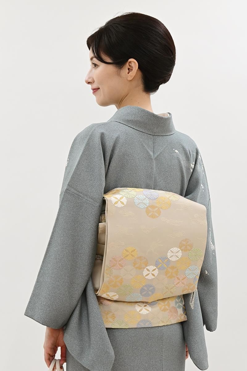 銀座【L-8558】袋帯 白茶色 雪輪七宝文 - 銀座きもの青木｜長く大切に