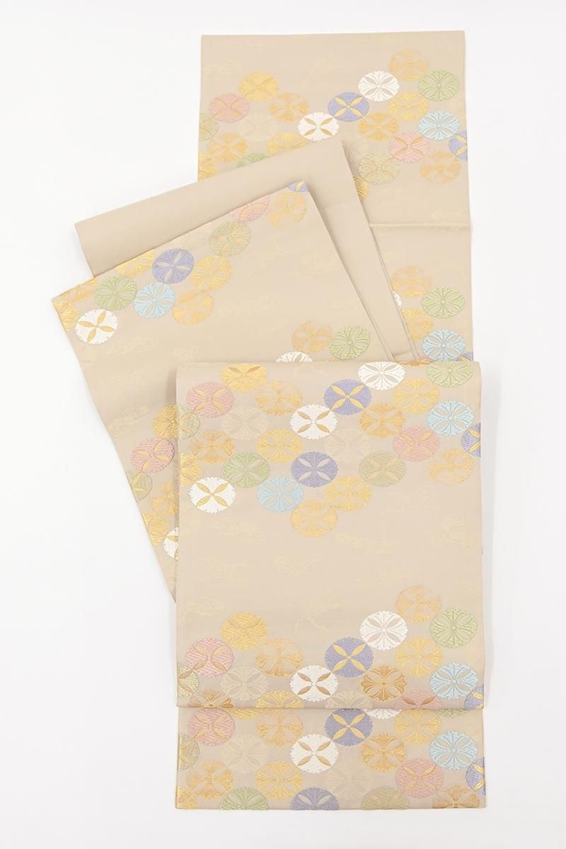 七宝　雪輪　桜花模様　白地　袋帯　着物　121a p 七宝 雪輪 桜花模様 白地 袋帯 着物 121a p 名古屋帯 白地