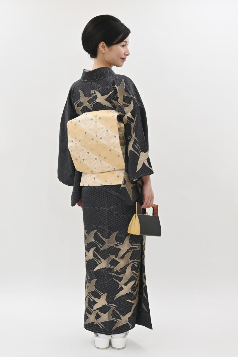 銀座【B-4340】繍一ッ紋 訪問着 檳榔子染色 波に鶴の図:身丈162/裄66.5