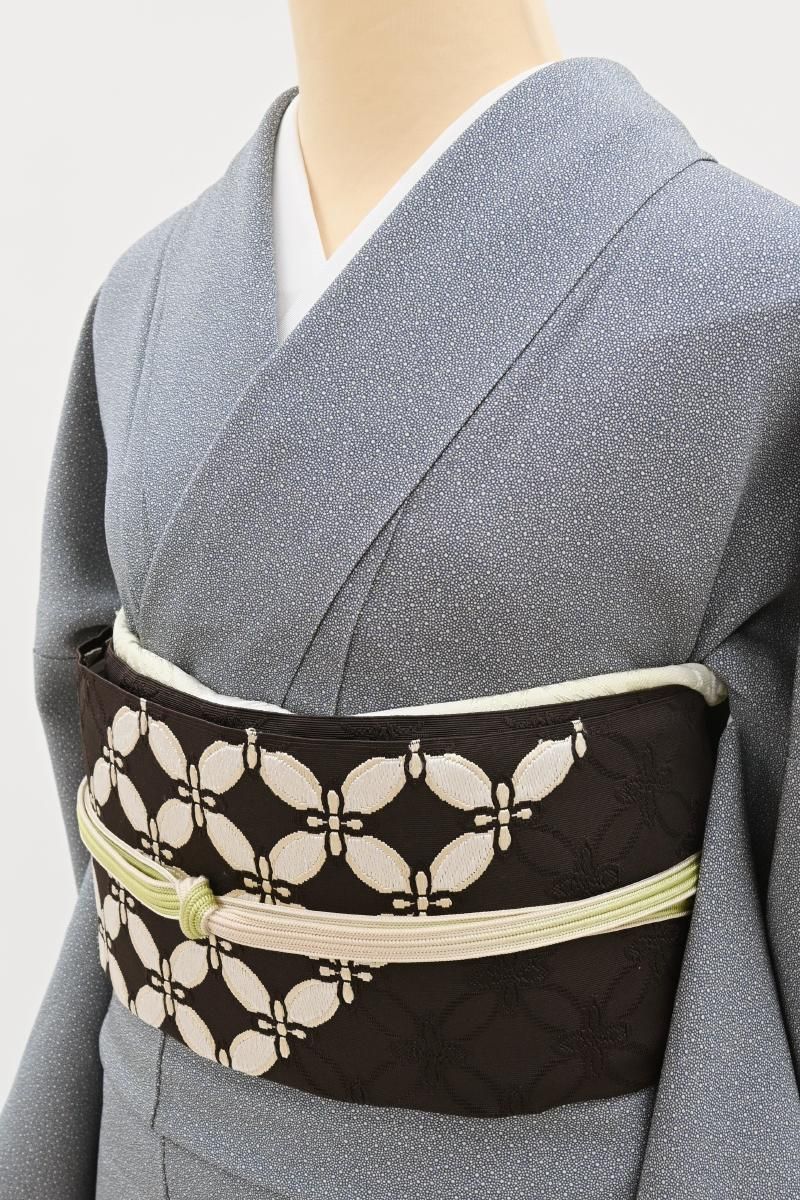 銀座【H-0869】西陣 河村織物製 紋綴 開き八寸織名古屋帯 憲法黒茶色