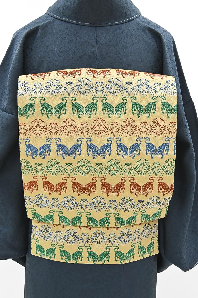 銀座【H-0870】龍村美術織物製 光波帯 麦藁色 竹虎文 - 銀座きもの青木