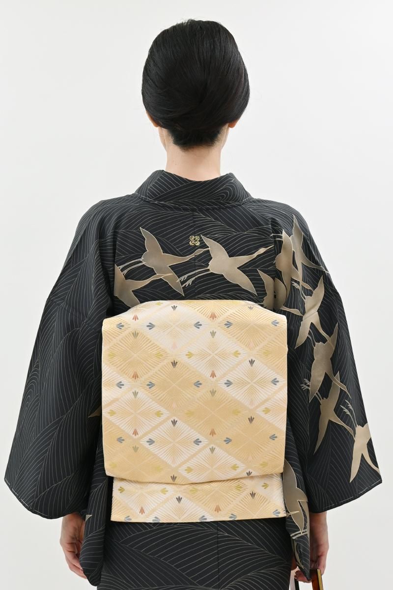 銀座【L-8552】織匠十一代目篠屋宗兵衛 袋帯 象牙色 松菱文（落款入