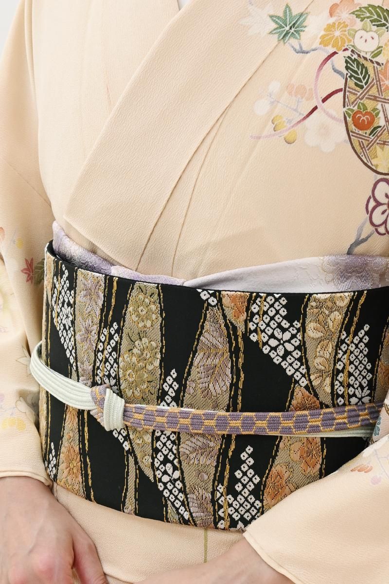 袋帯　月　満月　半月　霞　市松模様　膨れ織　着物　003k 銀座【L-8553】袋帯 黒色 流線に四季花文 - 銀座きもの青木｜長く大切