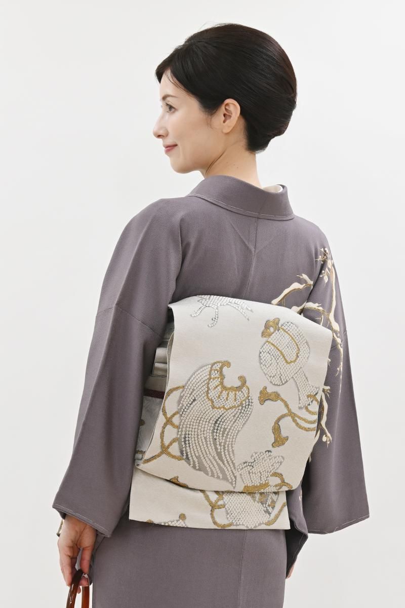 銀座【L-8554】本袋帯 絹鼠色 宝尽くし文 - 銀座きもの青木｜長く大切