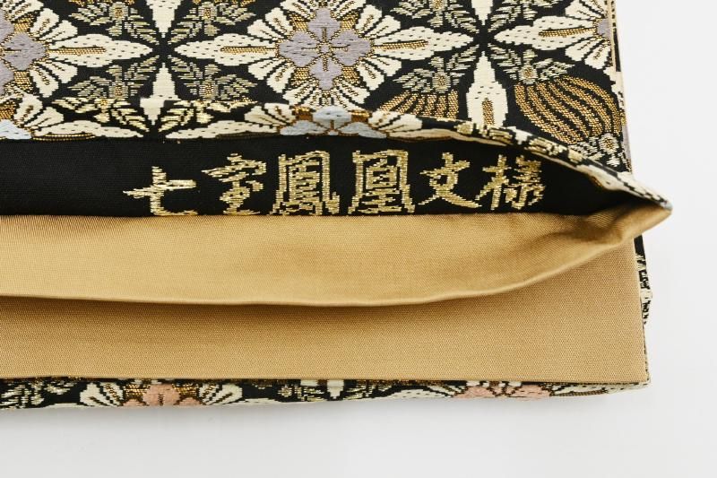 明綴れ 手織 袋帯 蜀江文 七宝繋ぎ 鳳凰 金糸 銀糸 正絹 袋帯 美品 秀品 蜀江文 花鳥 金糸 箔 青灰色 六通 正絹 中古