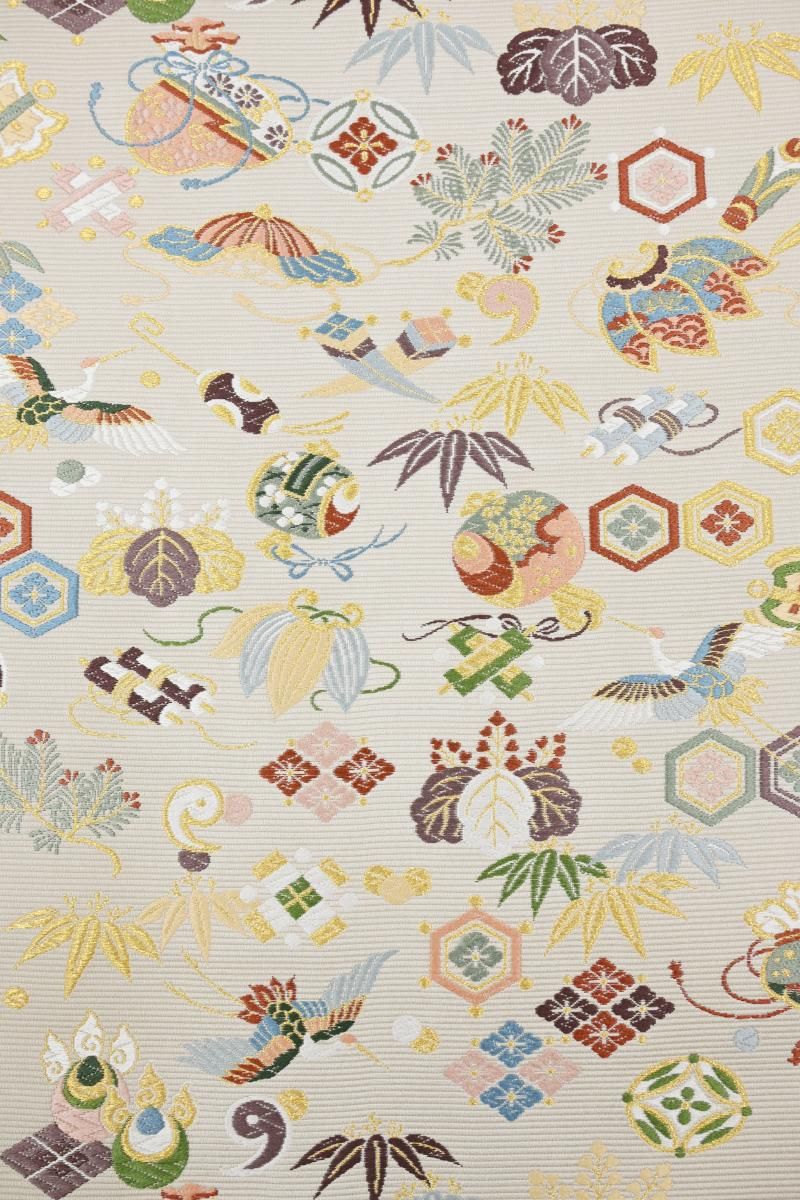 銀座【L-8574】西陣 山下織物製 袋帯 灰汁色 宝尽くし文 - 銀座きもの