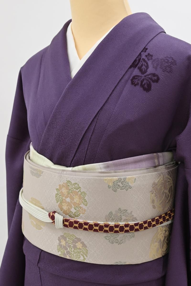 銀座【L-8585】西陣 陰山織物製 箔屋清兵衛 袋帯 淡い嵯峨鼠色 四季花