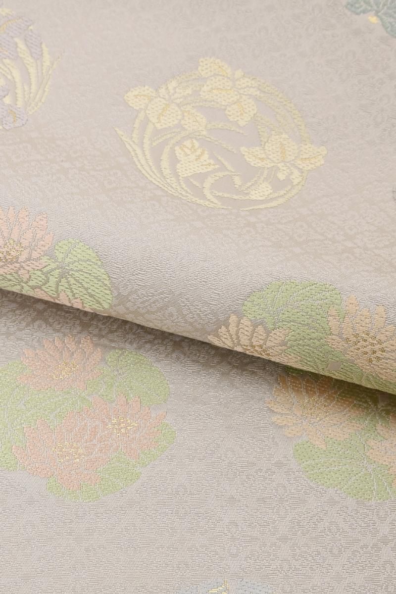 銀座【L-8585】西陣 陰山織物製 箔屋清兵衛 袋帯 淡い嵯峨鼠色 四季花