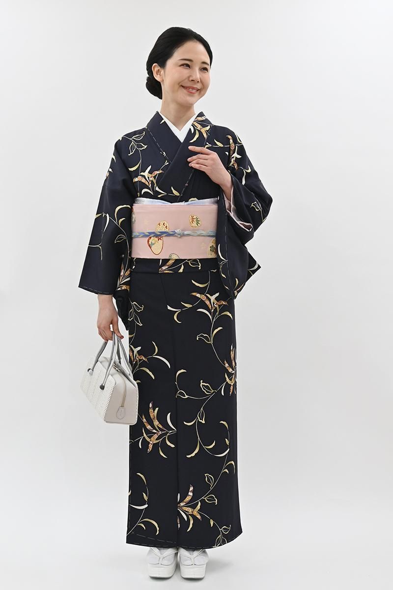 銀座【D-3963】小紋 勝色 植物文（反端付） :身丈155.5/裄66/広め