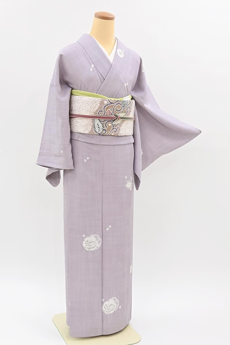 銀座【D-3965】紬地 絞り染め 小紋 淡い鳩羽色 辻ヶ花文 :身丈157/裄68