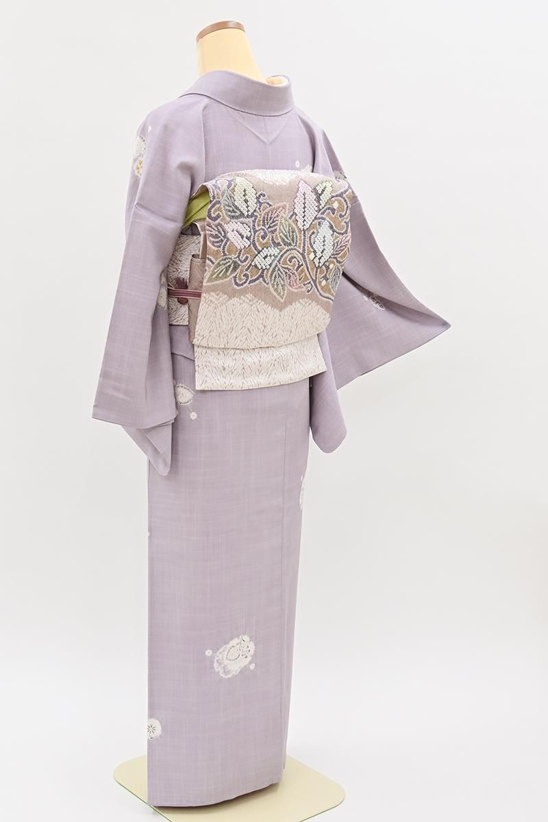 銀座【D-3965】紬地 絞り染め 小紋 淡い鳩羽色 辻ヶ花文 :身丈157/裄68