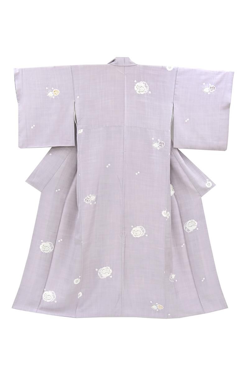 銀座【D-3965】紬地 絞り染め 小紋 淡い鳩羽色 辻ヶ花文 :身丈157/裄68