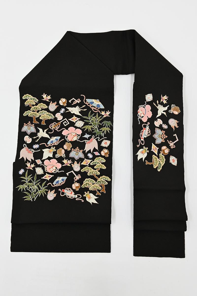 銀座【H-0857】縮緬地 染名古屋帯 黒色 宝尽くし文 - 銀座きもの青木