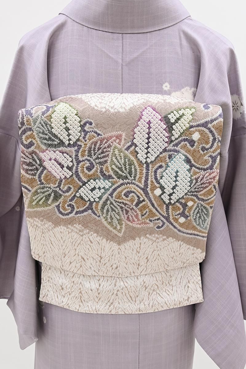 銀座【H-0876】藤娘 きぬたや製 絞り染め 開き名古屋帯 嵯峨鼠色 唐草