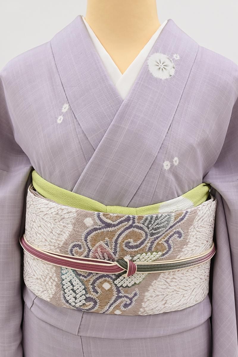 銀座【H-0876】藤娘 きぬたや製 絞り染め 開き名古屋帯 嵯峨鼠色 唐草