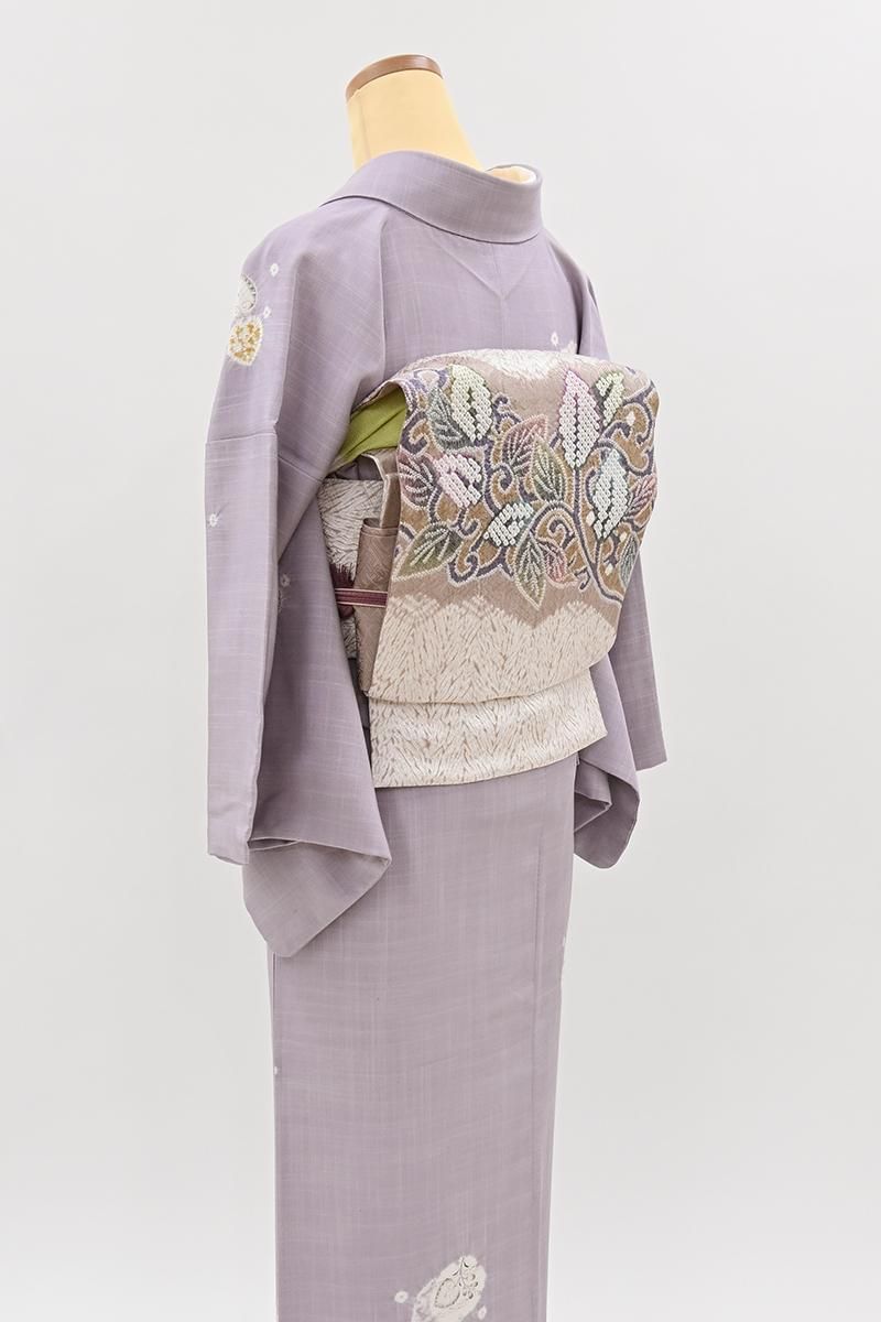 銀座【H-0876】藤娘 きぬたや製 絞り染め 開き名古屋帯 嵯峨鼠色 唐草