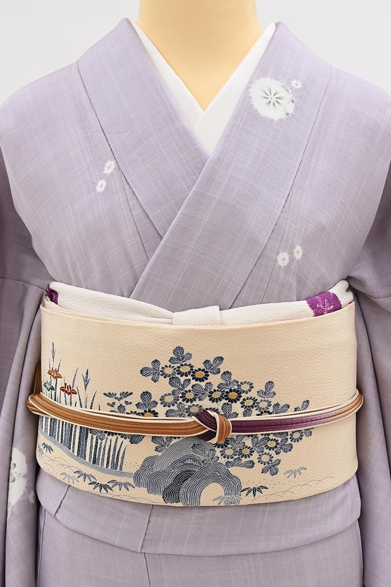 銀座【H-0877】縮緬地 開き染名古屋帯 淡い桑染色 風景文 - 銀座きもの