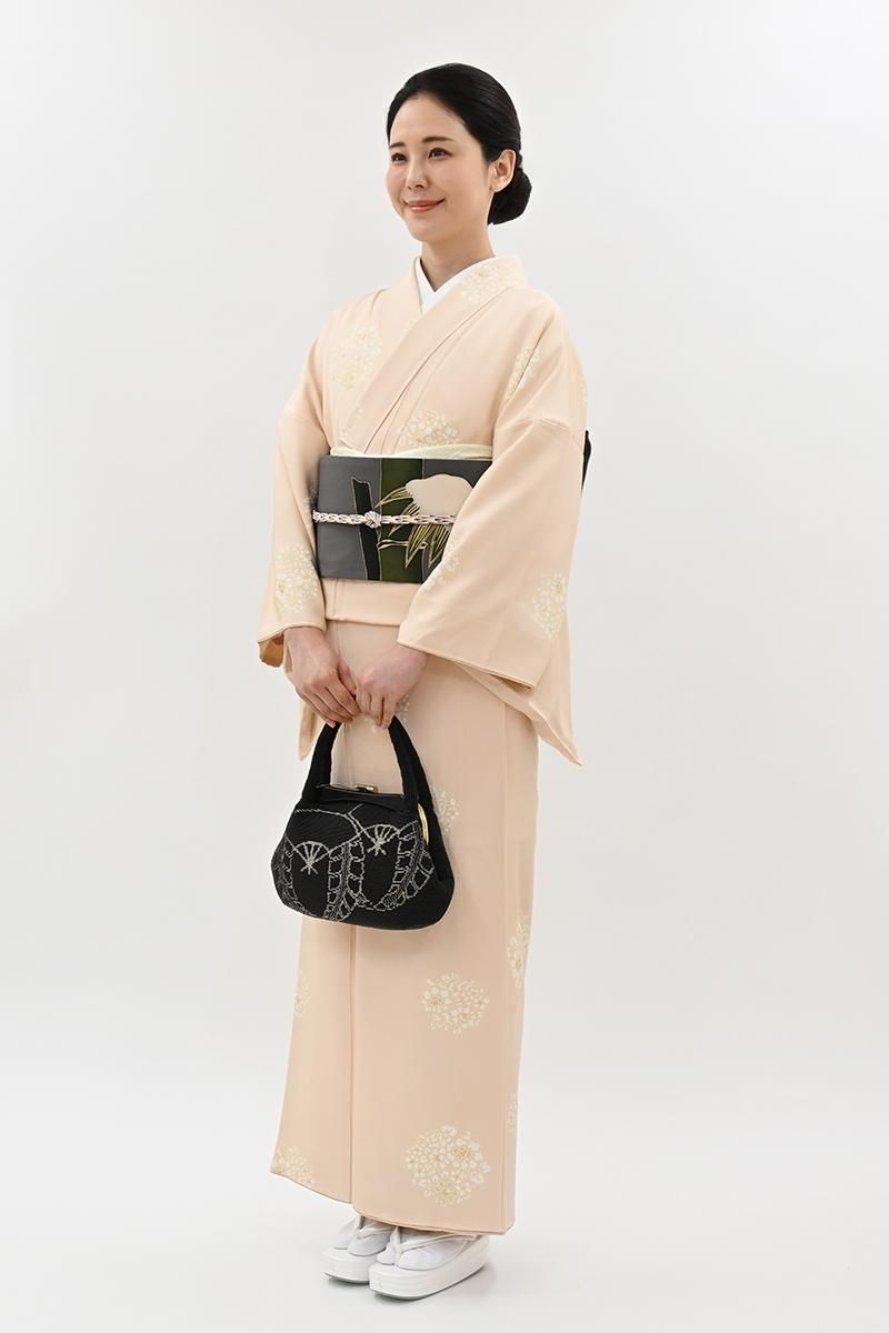 銀座【D-3962】吉澤友禅 小紋 赤白橡色 唐花の丸（反端付） :身丈159.5