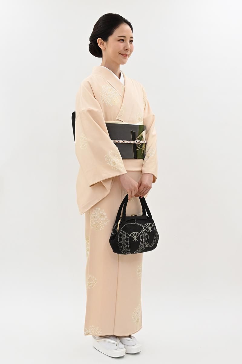 銀座【D-3962】吉澤友禅 小紋 赤白橡色 唐花の丸（反端付） :身丈159.5