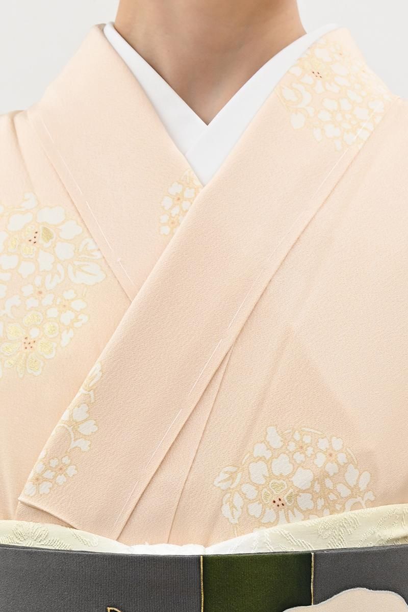 銀座【D-3962】吉澤友禅 小紋 赤白橡色 唐花の丸（反端付） :身丈159.5