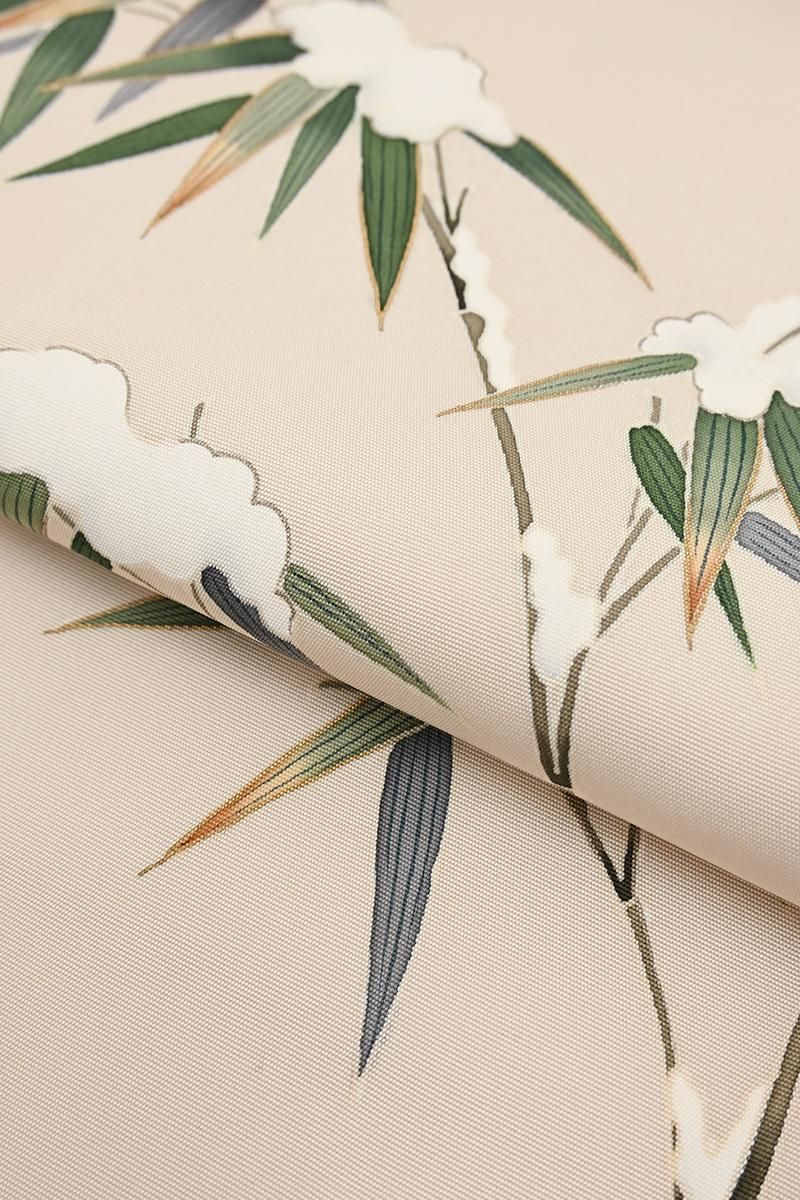 銀座【H-0859】塩瀬地 染名古屋帯 淡い白茶色 雪持ち笹の図 - 銀座