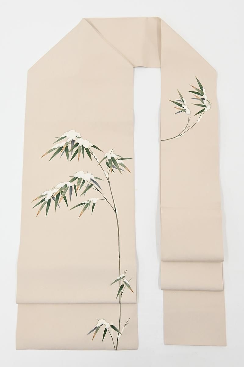 銀座【H-0859】塩瀬地 染名古屋帯 淡い白茶色 雪持ち笹の図 - 銀座