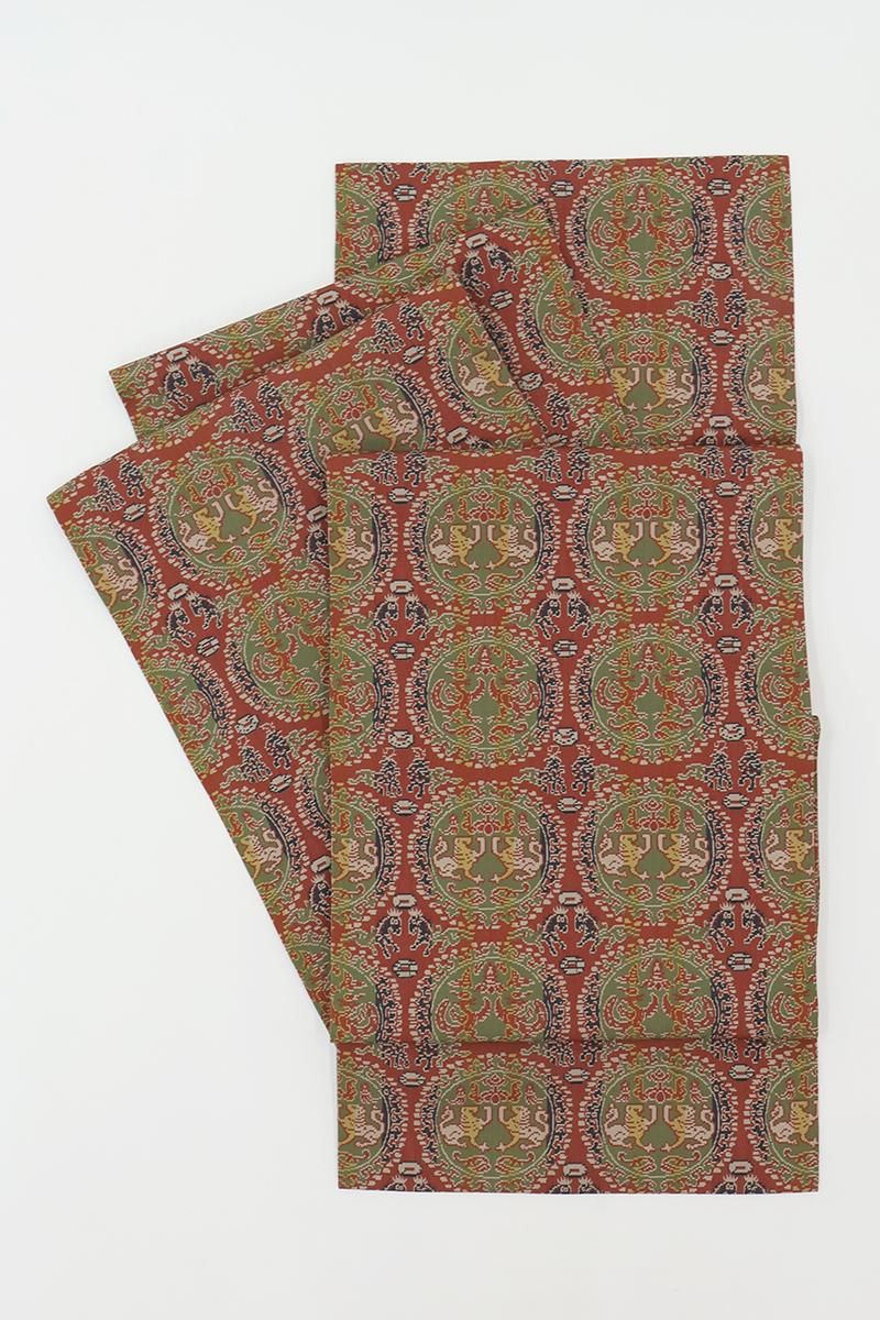 銀座【H-0878】西陣 龍村美術織物製 光波帯 黒緋色 円文白虎朱雀錦