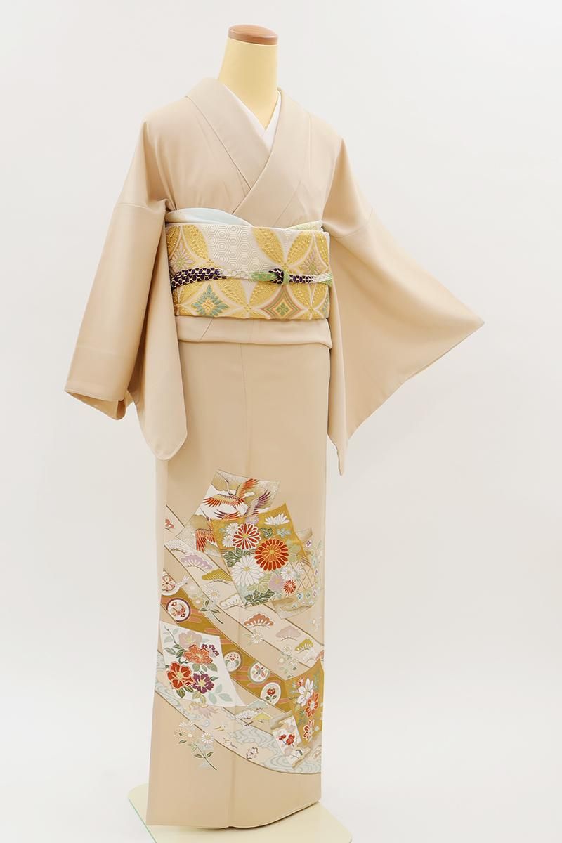 508mk6●銀座きしや 槍梅文様 きらめく金彩 クリーム色 縮緬 小紋●美品 508mk6○銀座きしや 槍梅文様 きらめく金彩 クリーム色 縮緬 小紋○