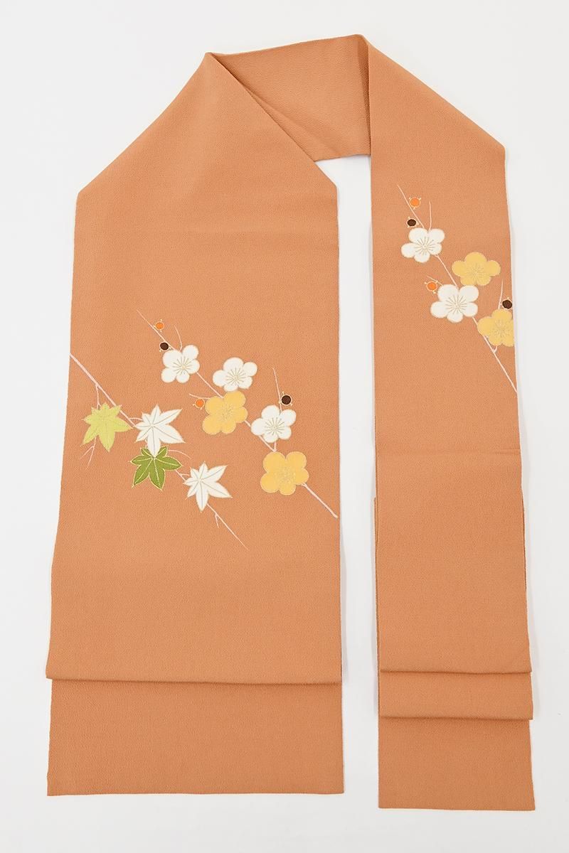 未着用　名古屋帯　花菱　金糸　横縞　着物　093a p 銀座【H-0862】縮緬地 染名古屋帯 杏色 梅や楓の図 - 銀座きもの青木