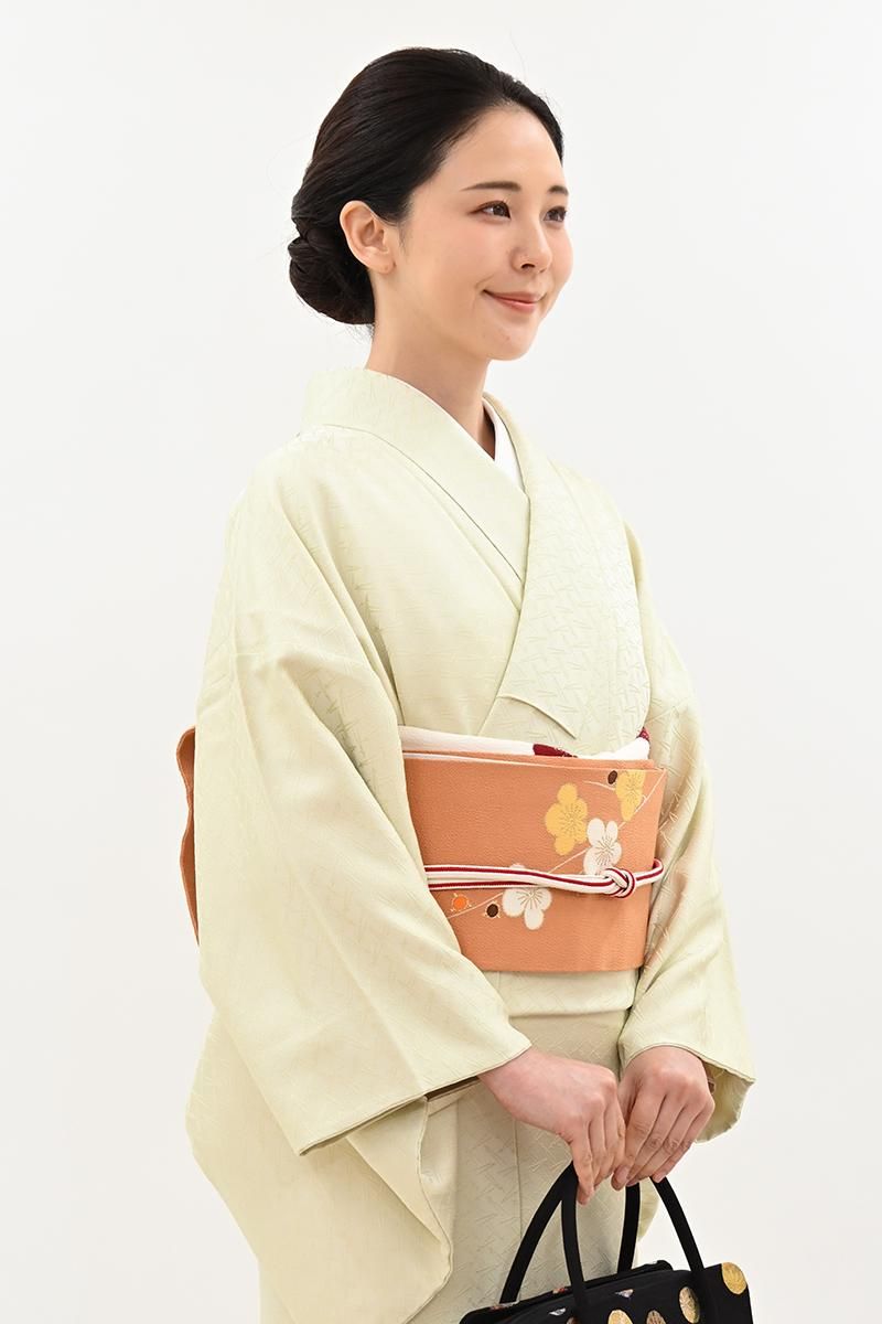 銀座【H-0862】縮緬地 染名古屋帯 杏色 梅や楓の図 - 銀座きもの青木